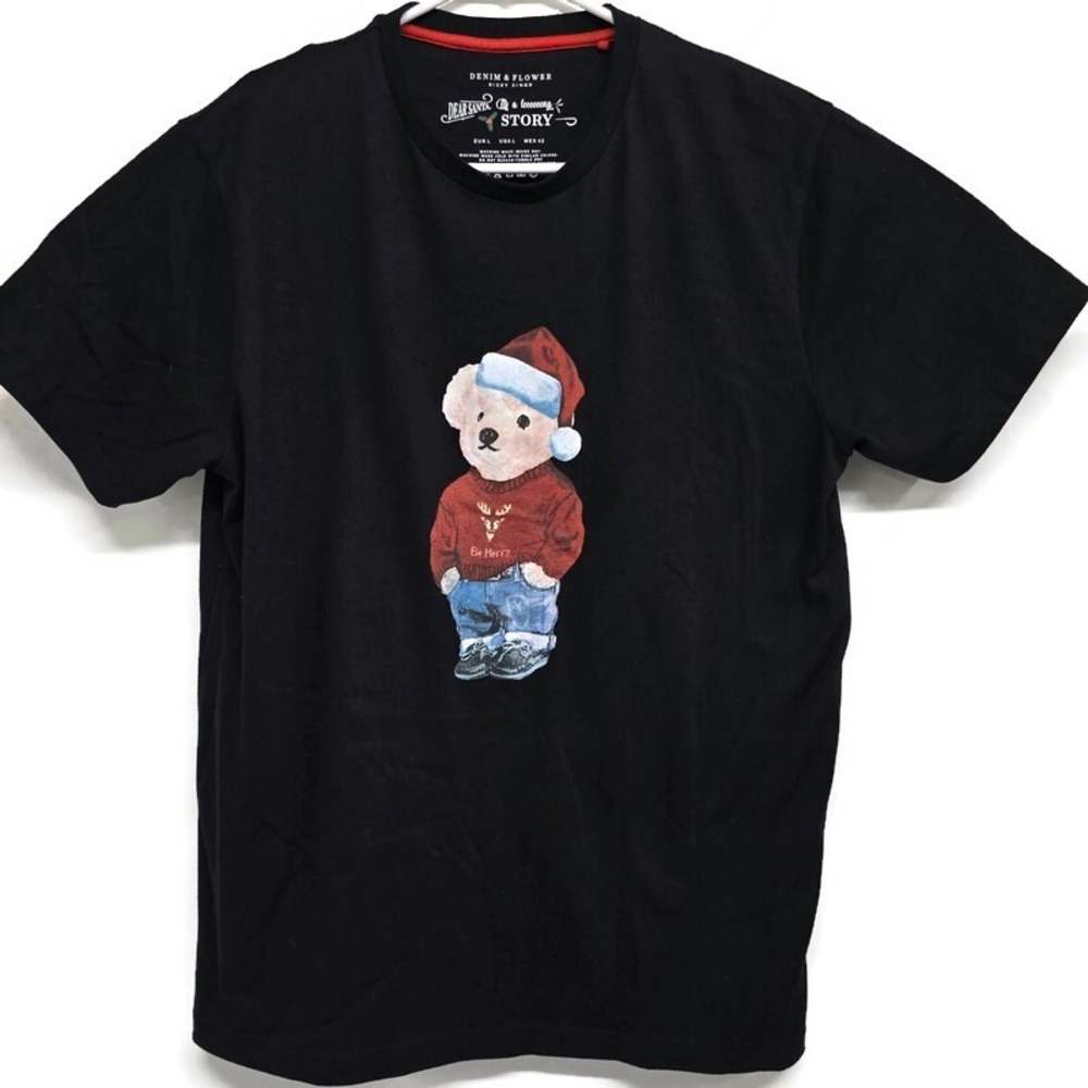 Denim & Flower Ricky Singh Mens Christmas Teddy Bear Graphic T-Shirt Black L